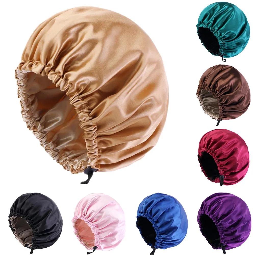 Adjustable Women Hair Caps Silky Double Layer Satin Bonnet Sleep Cap Night Turban Adult Solid Color Headwear Cute Ha